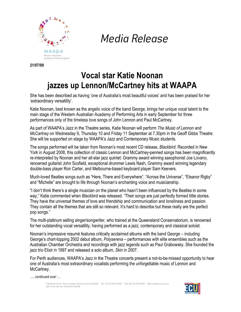 Katie Noonan Jazzes up Lennon/Mccartney Hits at WAAPA