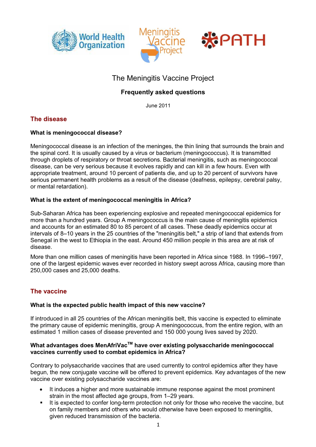 The Meningitis Vaccine Project: Frequently Asked Questions