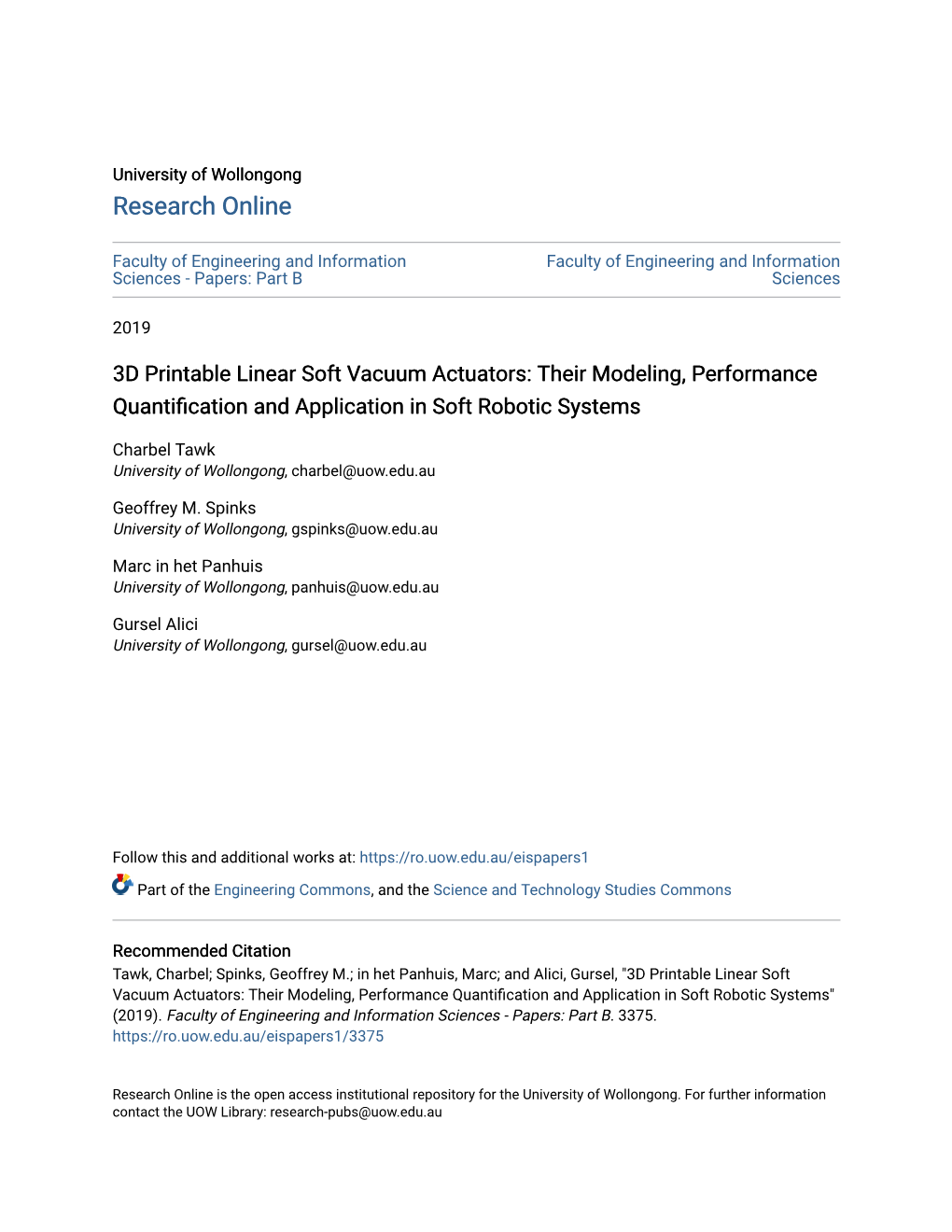 3D Printable Linear Soft Vacuum Actuators: Their Modeling, Performance Quantification and Application in Soft Robotic Systems