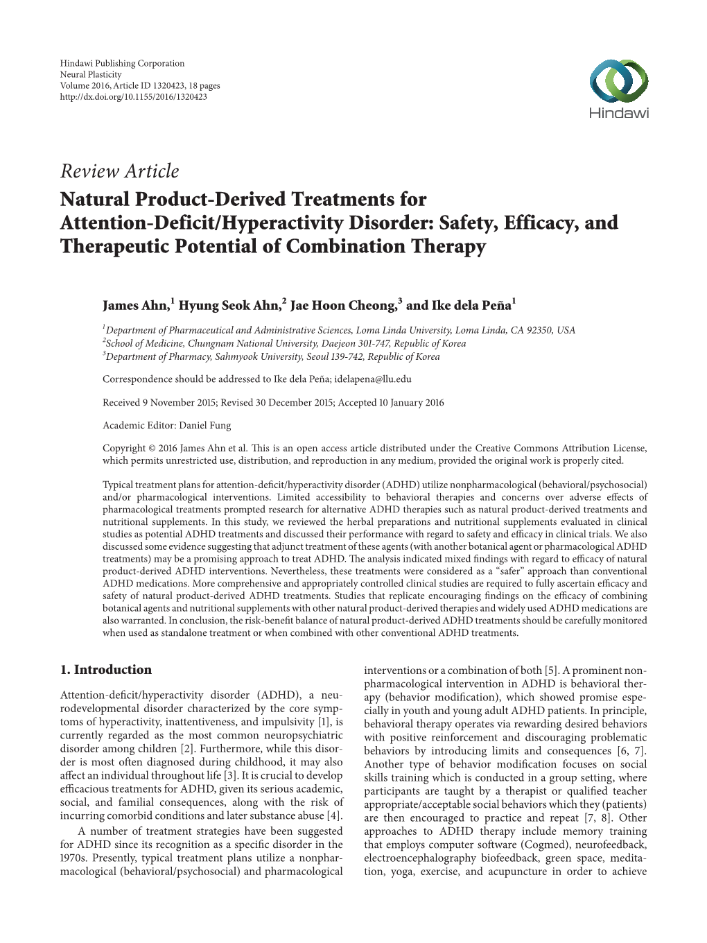 Review Article Natural Product-Derived Treatments for Attention-Deficit/Hyperactivity Disorder: Safety, Efficacy, and Therapeutic Potential of Combination Therapy