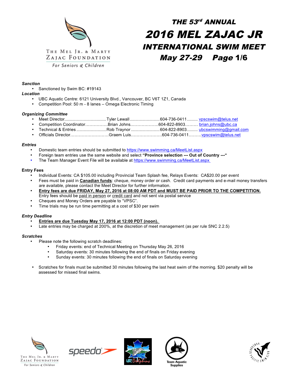 2016 MEL ZAJAC JR INTERNATIONAL SWIM MEET May 27-29 Page 1/6