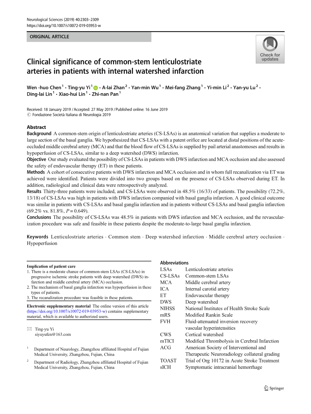 Clinical Significance of Common-Stem Lenticulostriate Arteries in Patients with Internal Watershed Infarction