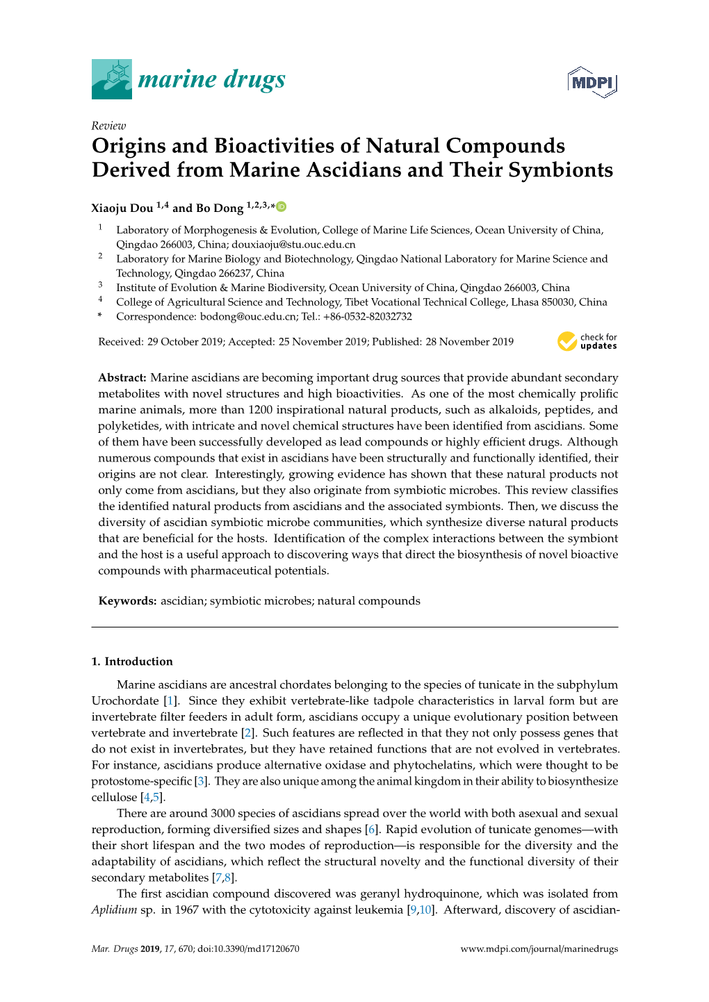 Origins and Bioactivities of Natural Compounds Derived from Marine Ascidians and Their Symbionts