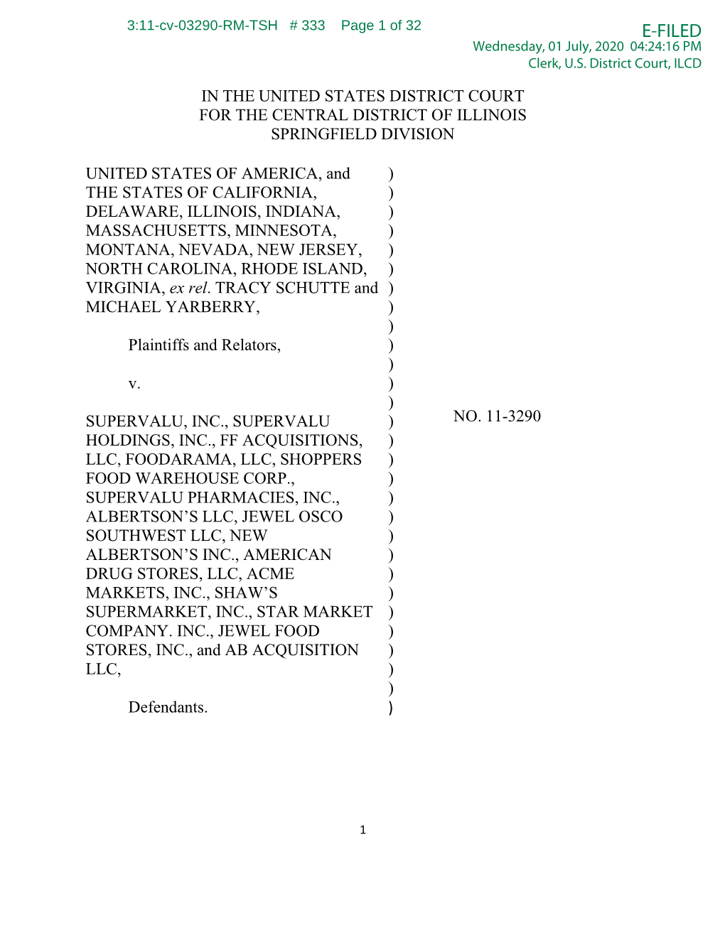 E-FILED Wednesday, 01 July, 2020 04:24:16 PM Clerk, U.S