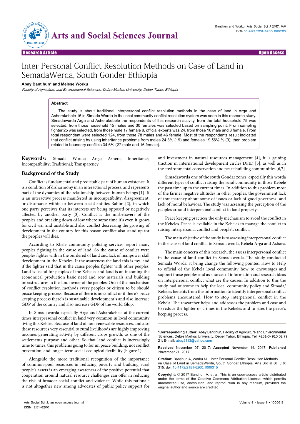 Inter Personal Conflict Resolution Methods on Case of Land in Semadawerda, South Gonder Ethiopia