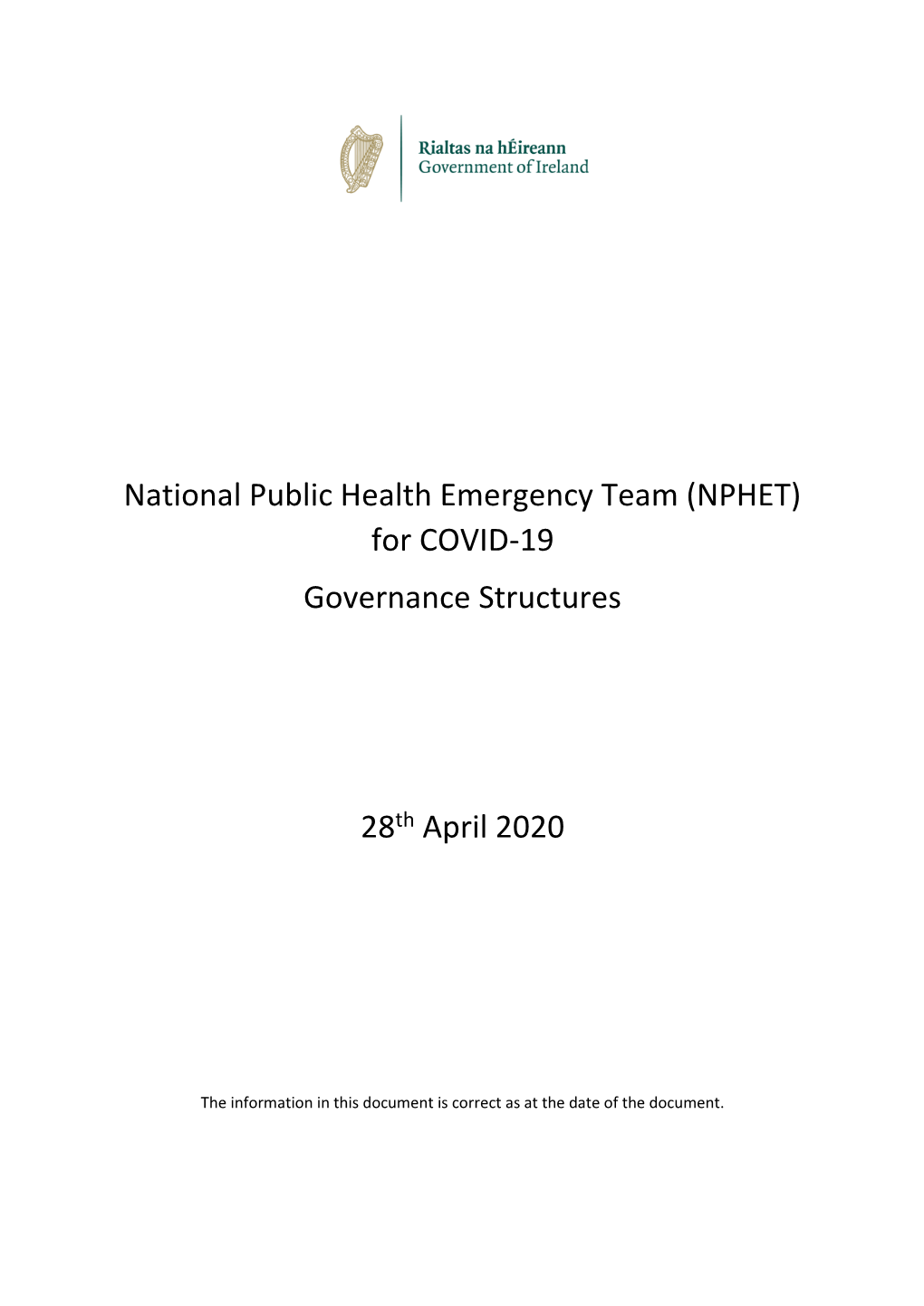 National Public Health Emergency Team (NPHET) for COVID-19 Governance Structures