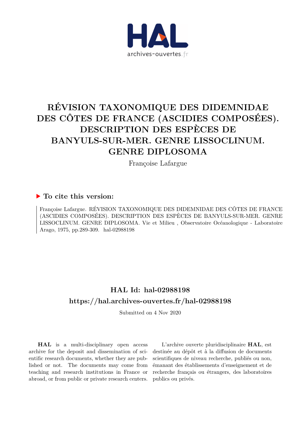 Révision Taxonomique Des Didemnidae Des Côtes De France (Ascidies Composées)