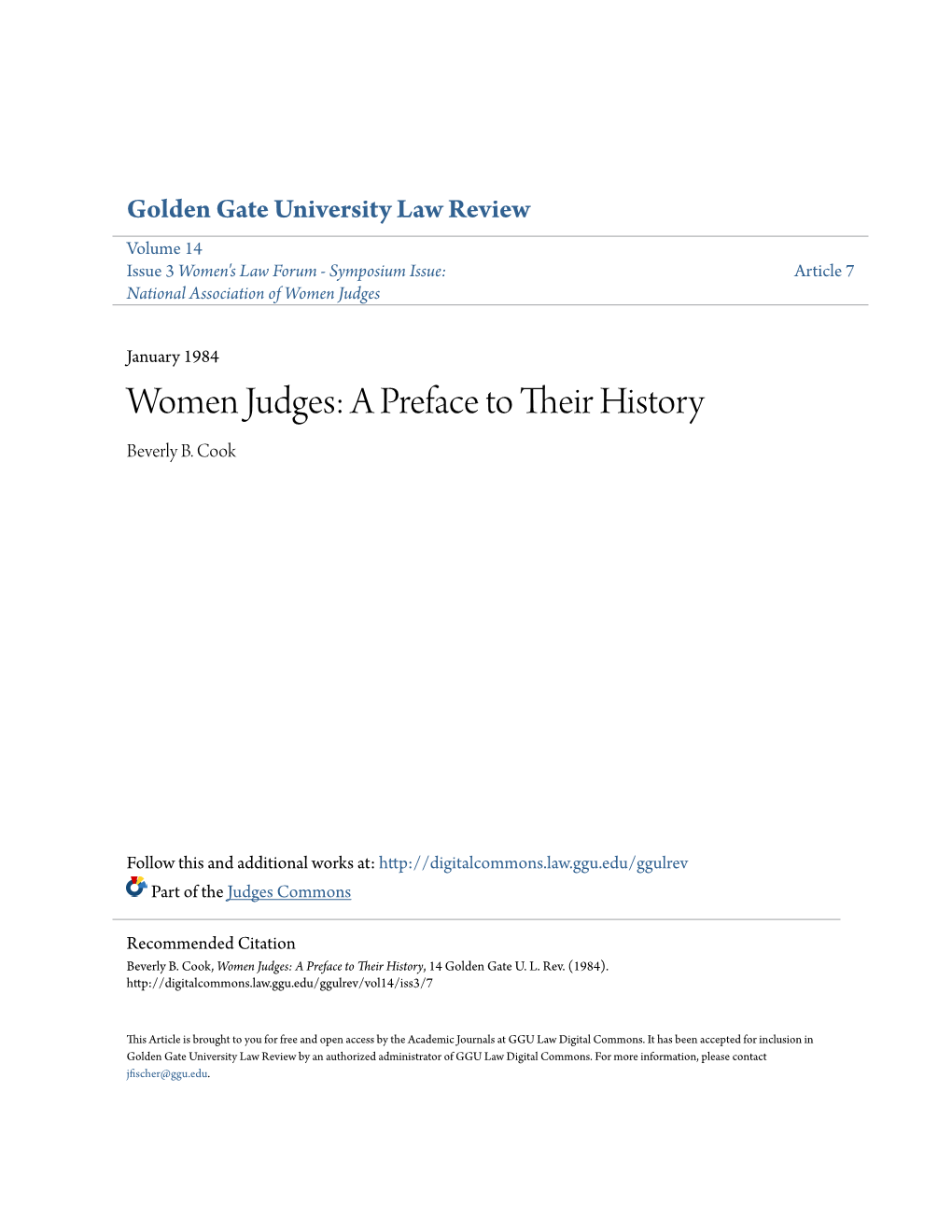 Women Judges: a Preface to Their History, 14 Golden Gate U