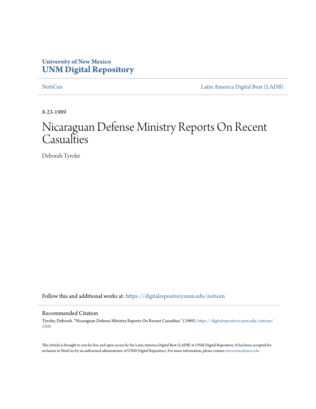 Nicaraguan Defense Ministry Reports on Recent Casualties Deborah Tyroler