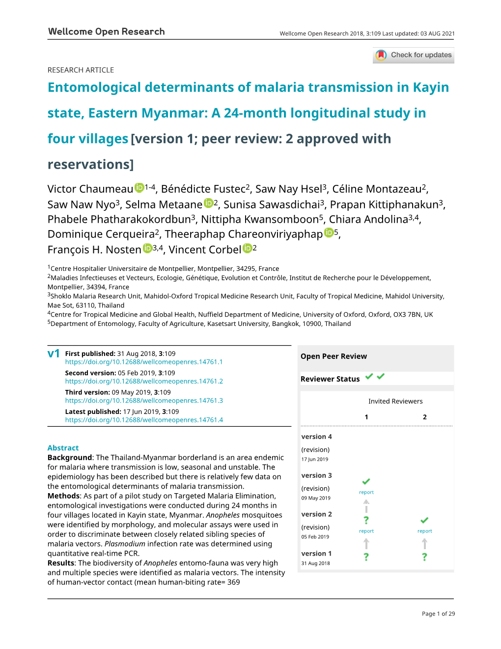 Entomological Determinants of Malaria Transmission in Kayin State