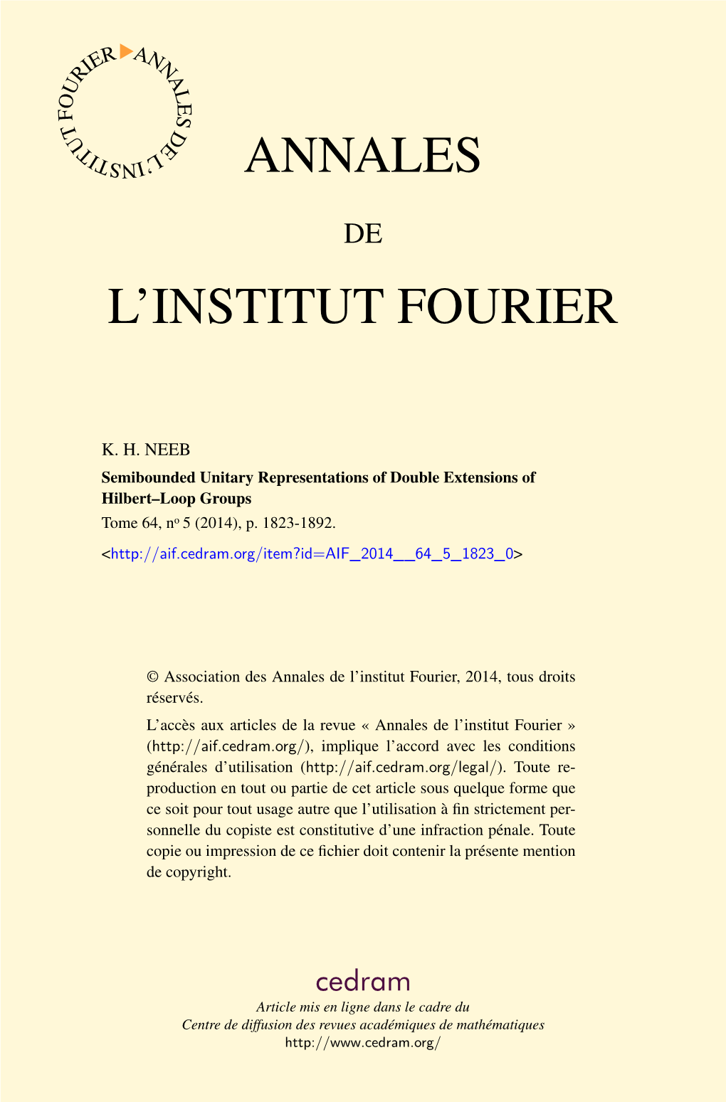 Semibounded Unitary Representations of Double Extensions of Hilbert–Loop Groups Tome 64, No 5 (2014), P