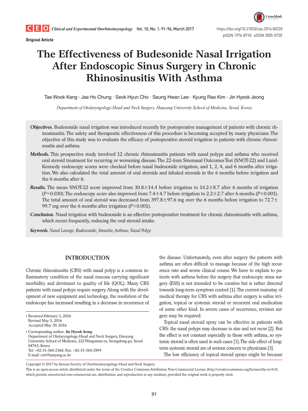 The Effectiveness of Budesonide Nasal Irrigation After Endoscopic Sinus Surgery in Chronic Rhinosinusitis with Asthma