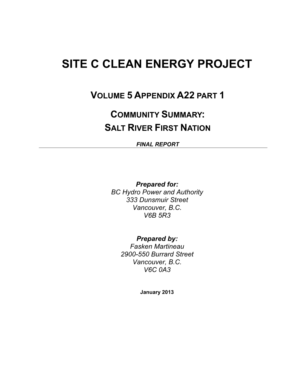 Volume 5 Appendix A22 Part 1 Community Summary: Salt River First Nation