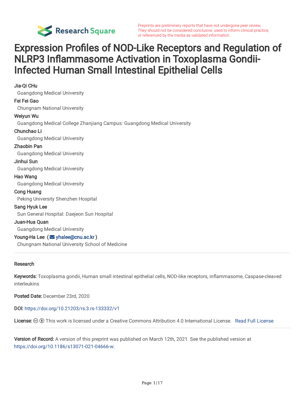 Expression Pro Les of NOD-Like Receptors and Regulation Of