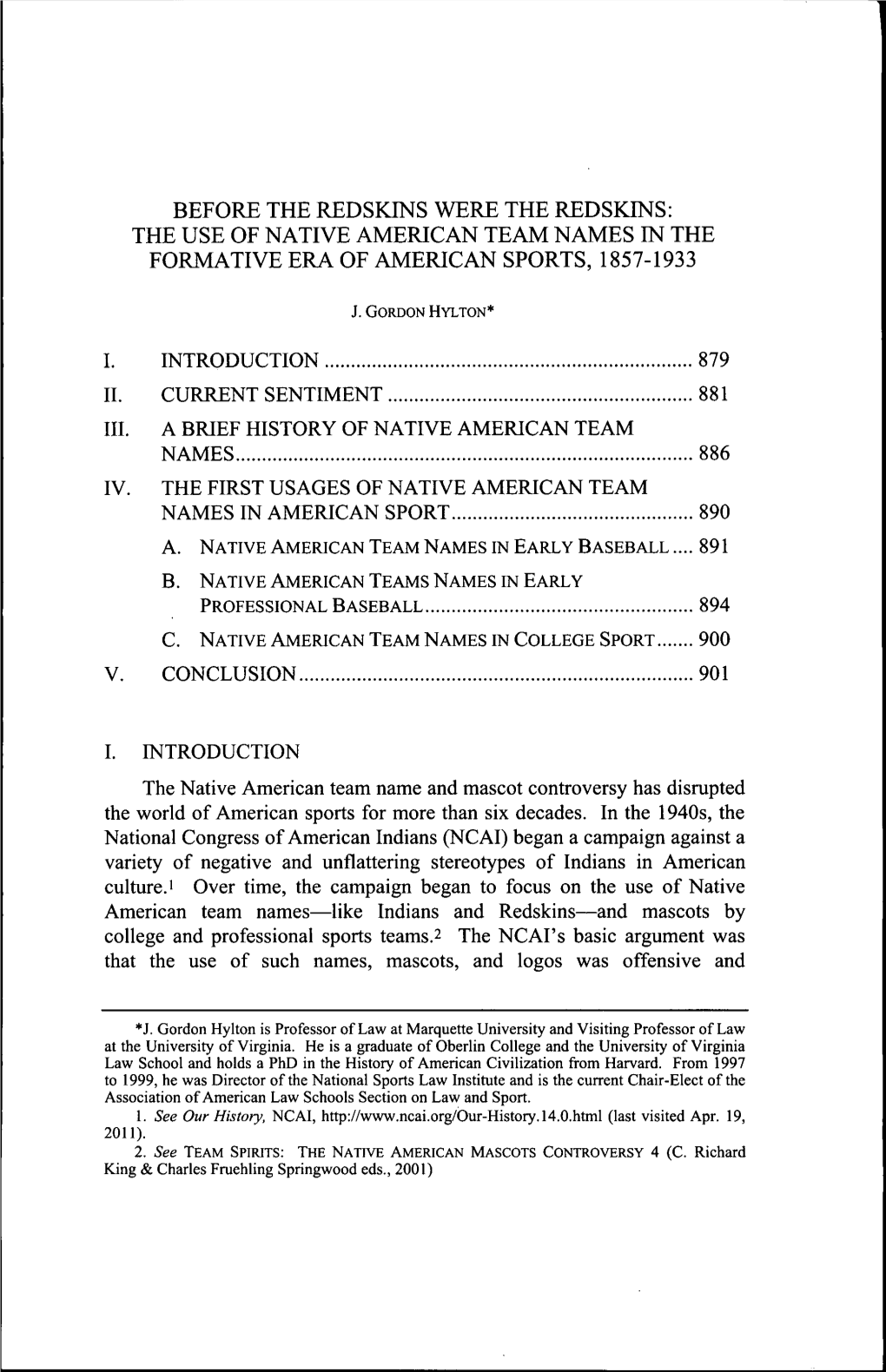 Use of Native American Team Names in the Formative Era of American Sports, 1857-1933