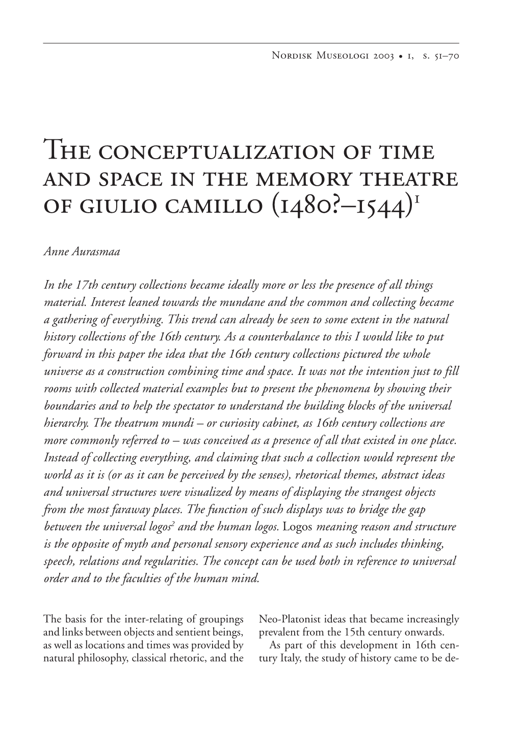 The Conceptualization of Time and Space in the Memory Theatre of G Camillo