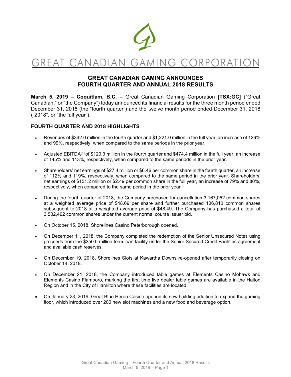 Great Canadian Gaming Announces Fourth Quarter and Annual 2018 Results