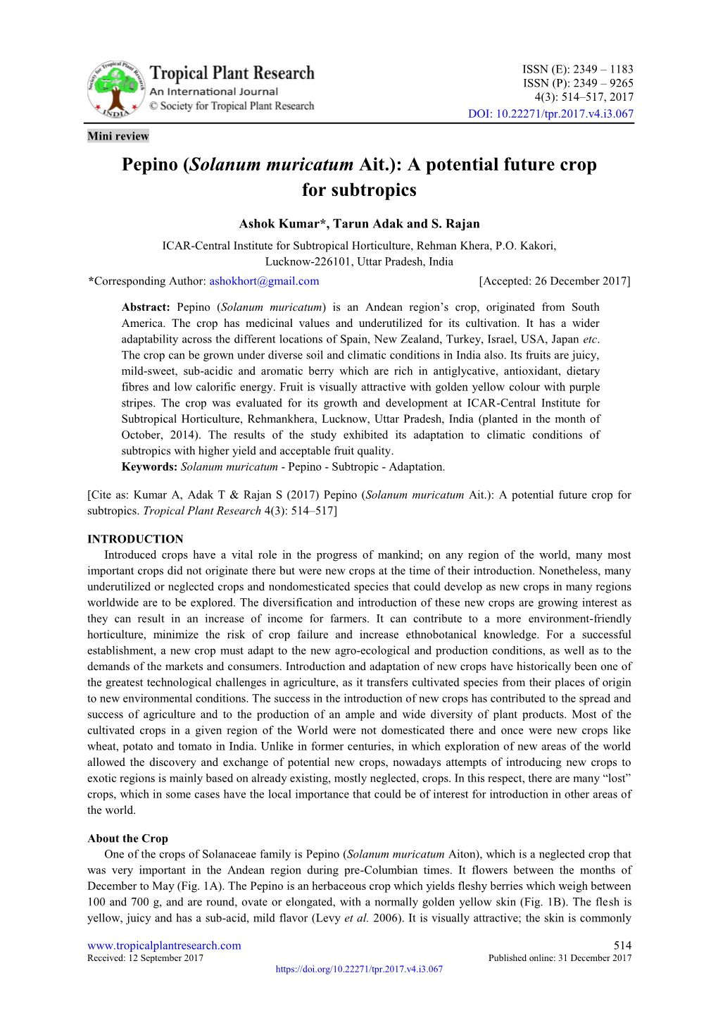 Pepino (Solanum Muricatum Ait.): a Potential Future Crop for Subtropics