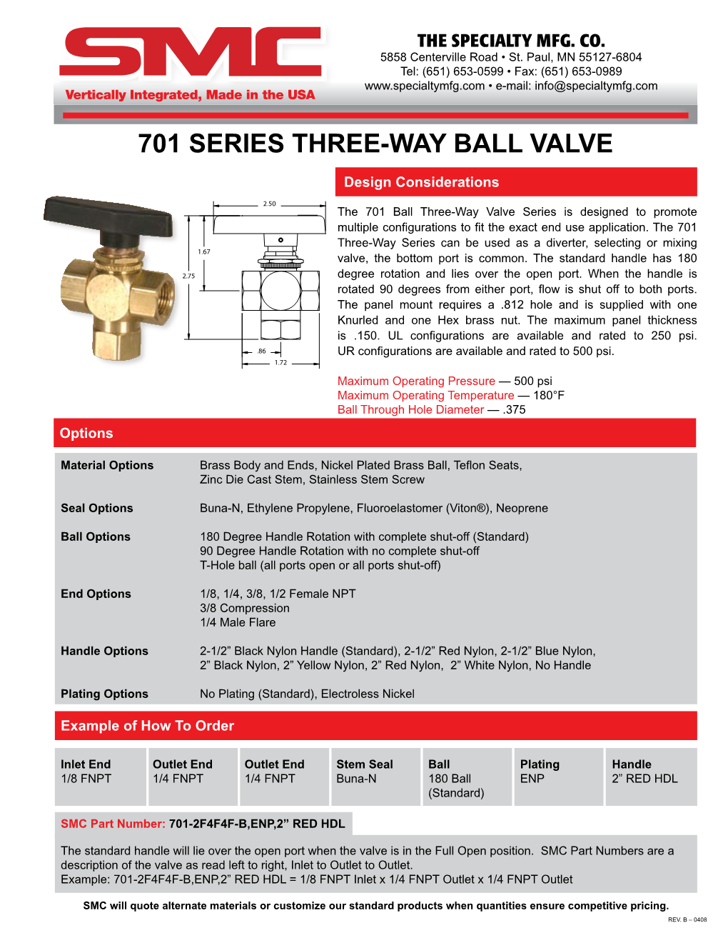 701 Series Three-Way Ball Valve