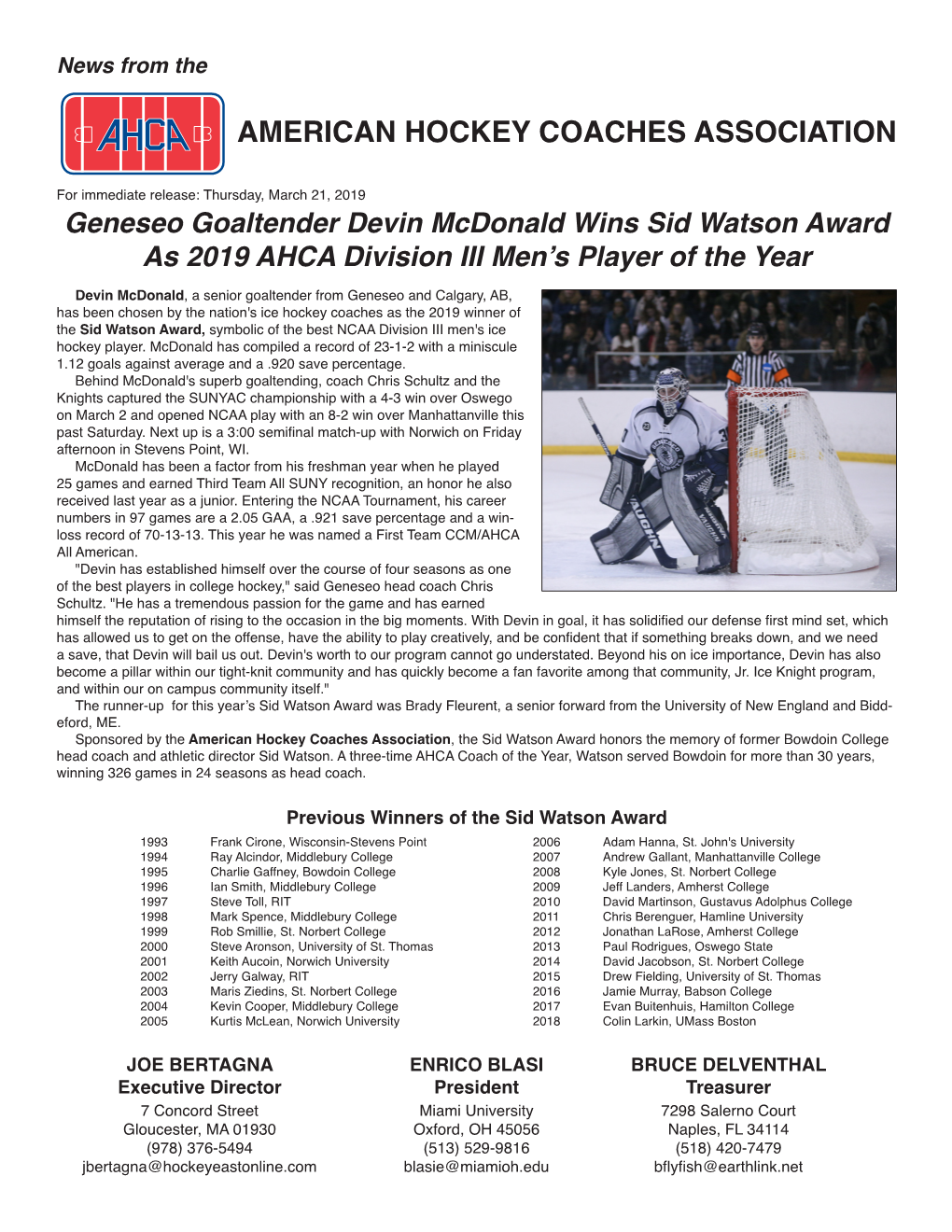 Geneseo Goaltender Devin Mcdonald Wins Sid Watson Award As