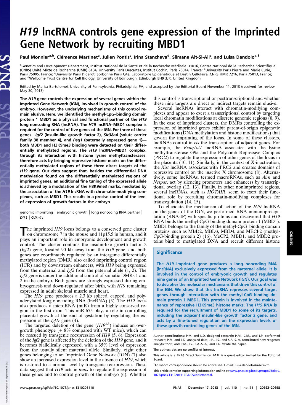 H19 Lncrna Controls Gene Expression of the Imprinted Gene Network by Recruiting MBD1