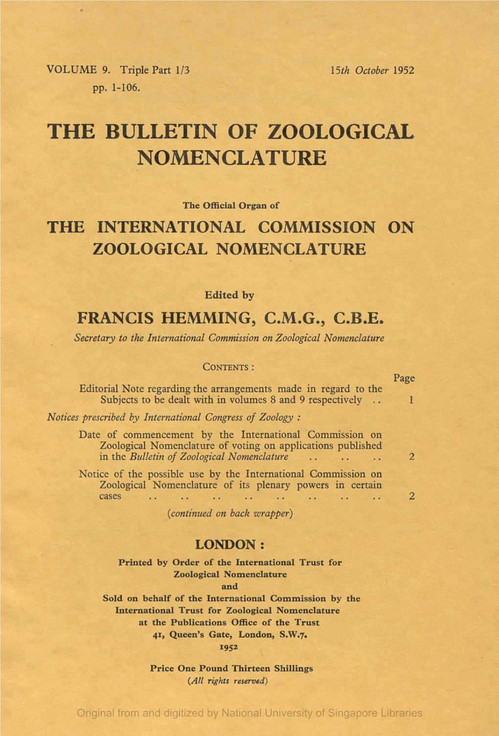 The Bulletin of Zoological Nomenclature, Vol.9, Part