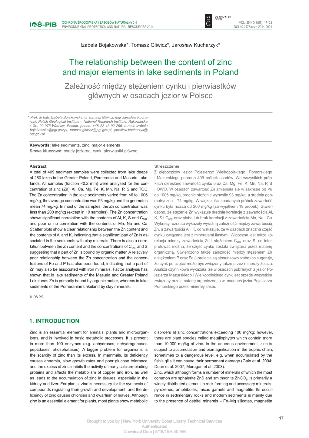 The Relationship Between the Content of Zinc and Major Elements in Lake