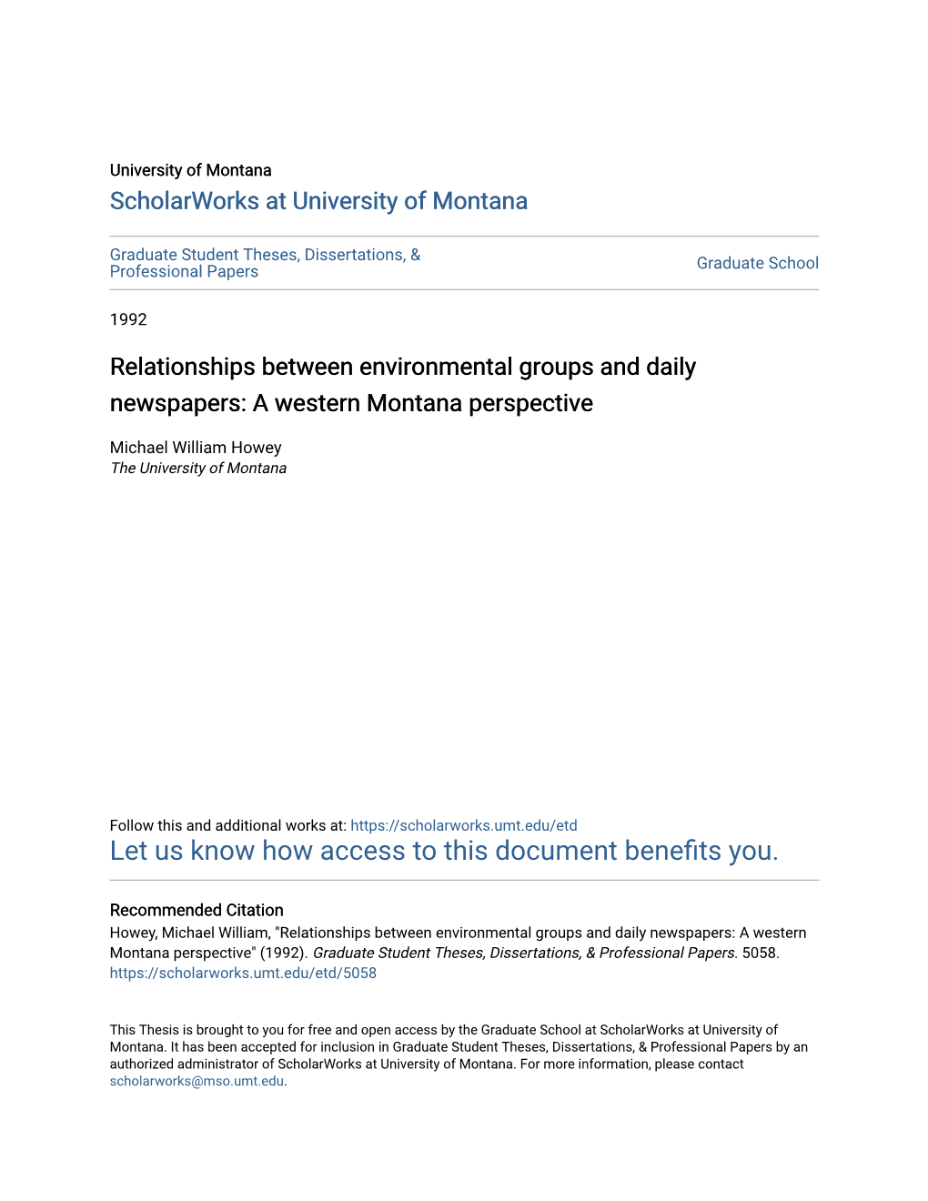 Relationships Between Environmental Groups and Daily Newspapers: a Western Montana Perspective