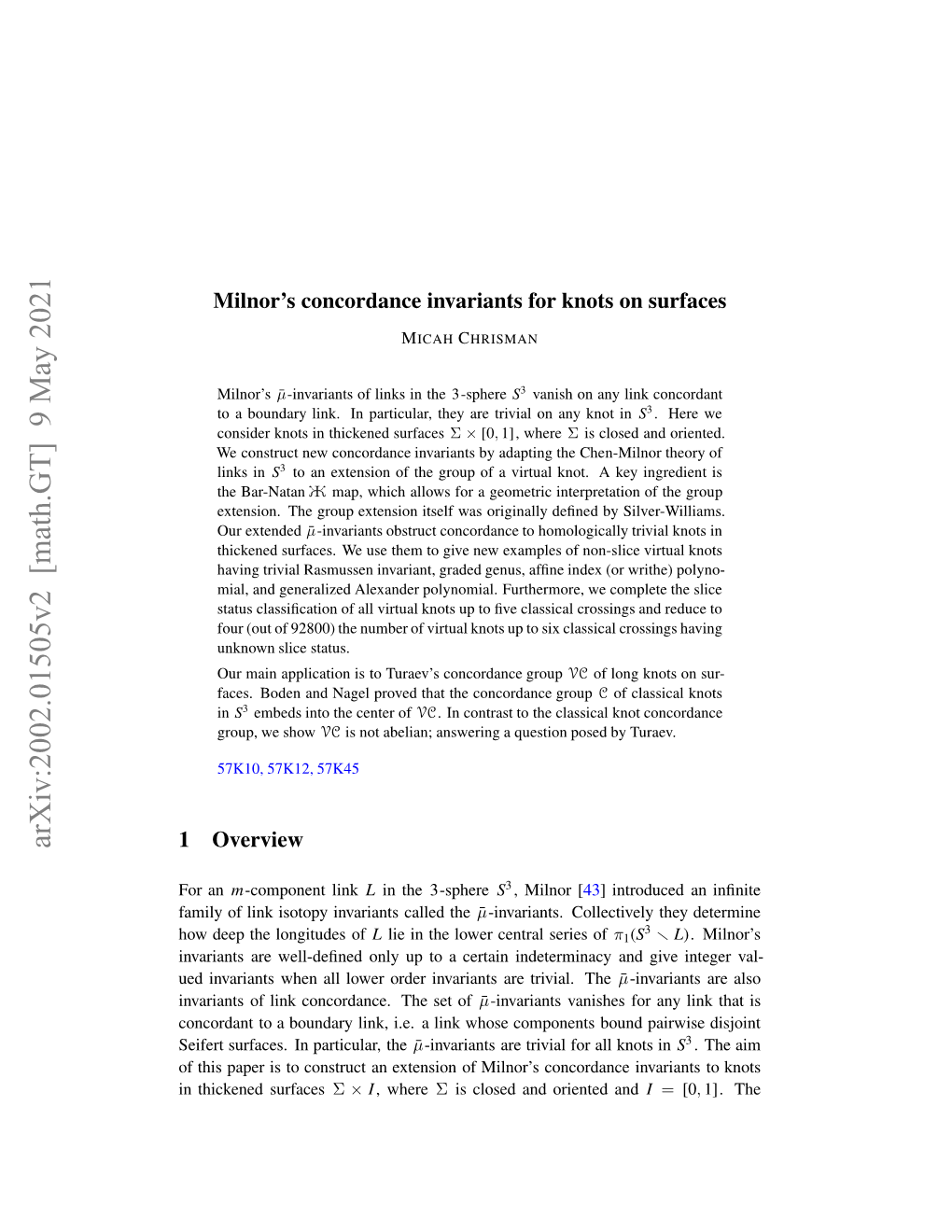 Arxiv:2002.01505V2 [Math.GT] 9 May 2021 Ocratt Onayln,Ie Ikwoecmoet B ¯ Components the Whose Particular, Link in a Surfaces