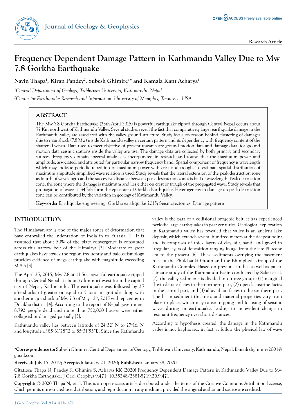 Frequency Dependent Damage Pattern in Kathmandu Valley Due To