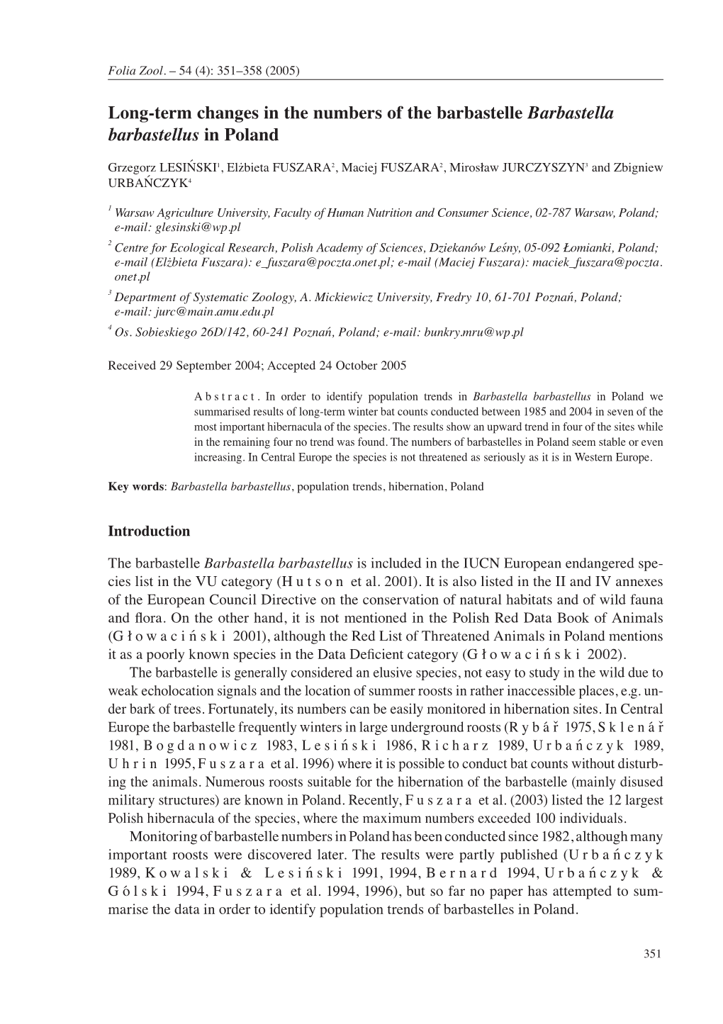 Long-Term Changes in the Numbers of the Barbastelle Barbastella Barbastellus in Poland