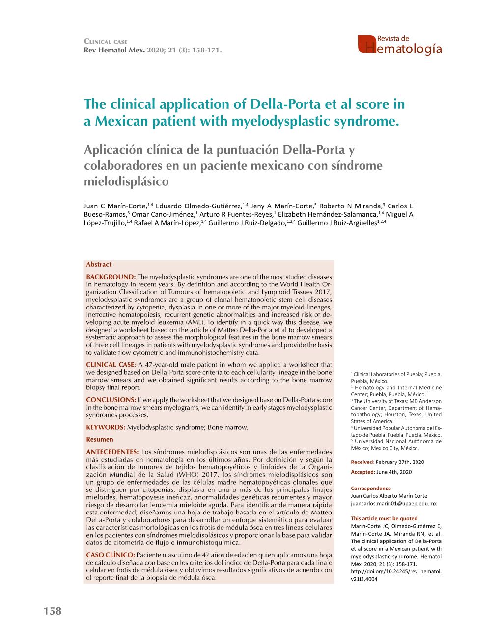 The Clinical Application of Della-Porta Et Al Score in a Mexican Patient with Myelodysplastic Syndrome