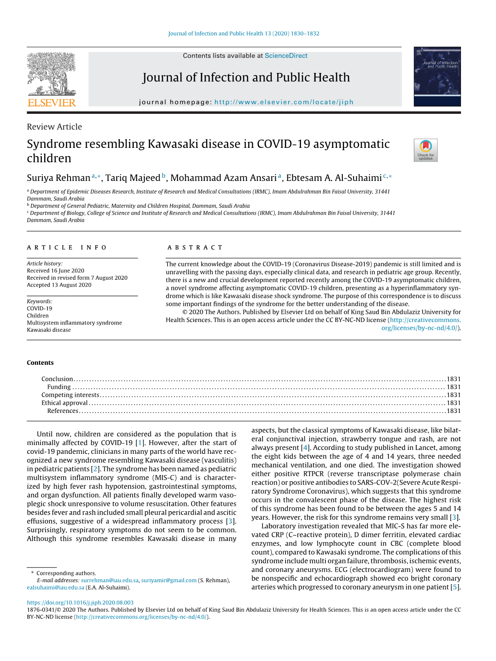 Syndrome Resembling Kawasaki Disease in COVID-19 Asymptomatic Children