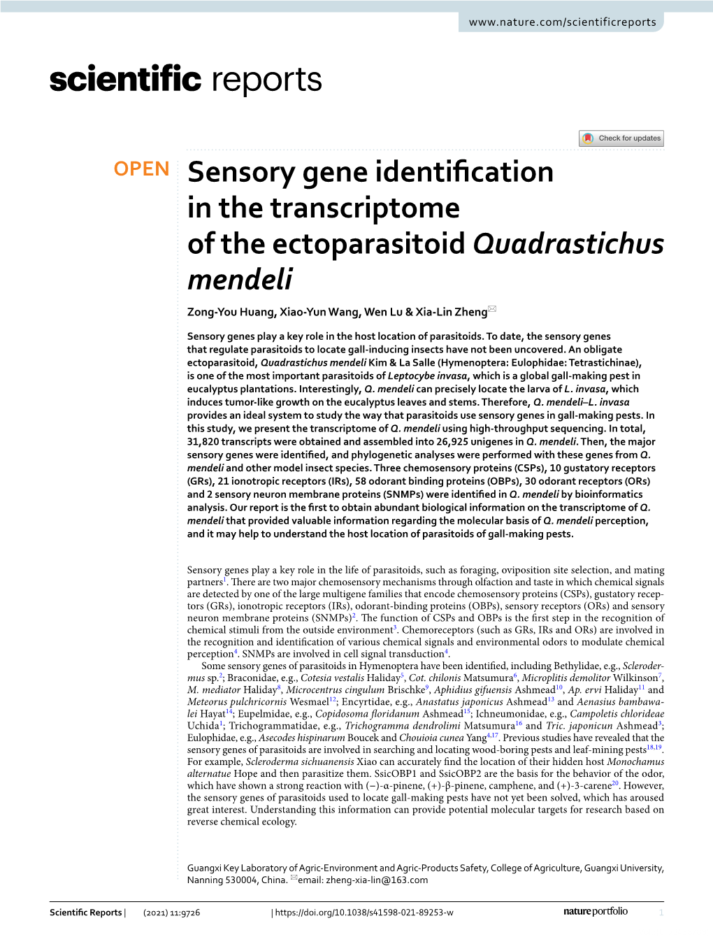 Sensory Gene Identification in the Transcriptome of the Ectoparasitoid