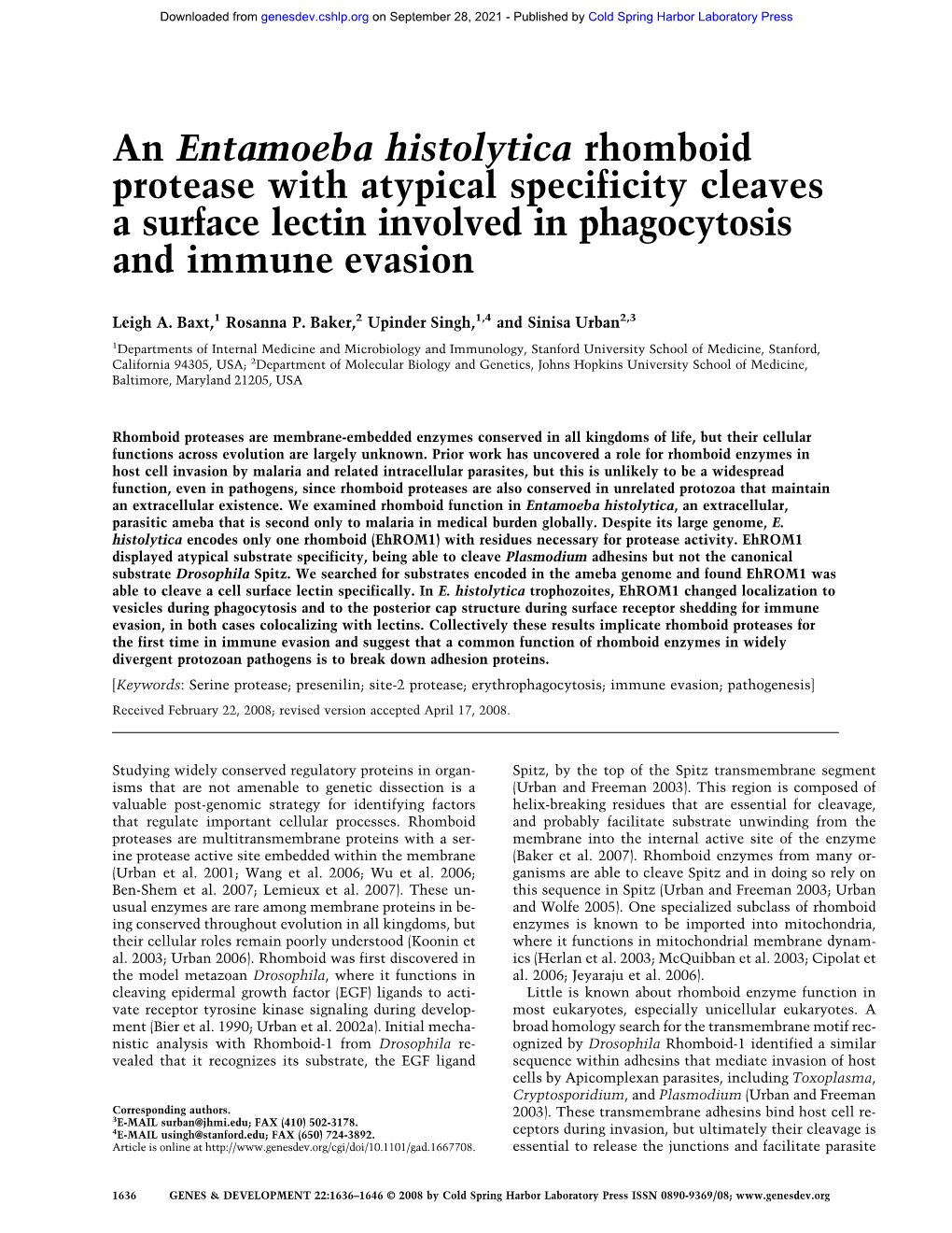 An Entamoeba Histolytica Rhomboid Protease with Atypical Specificity Cleaves a Surface Lectin Involved in Phagocytosis and Immune Evasion