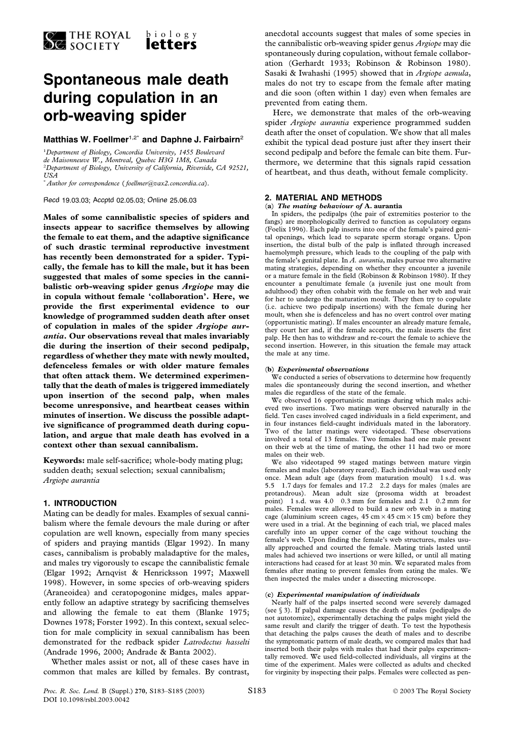 Spontaneous Male Death During Copulation in an Orb-Weaving Spider