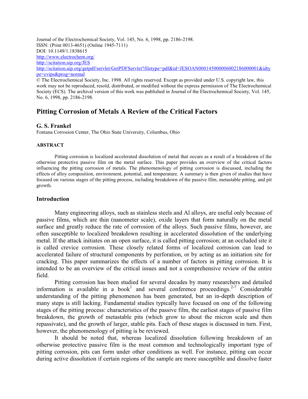 Pitting Corrosion of Metals a Review of the Critical Factors