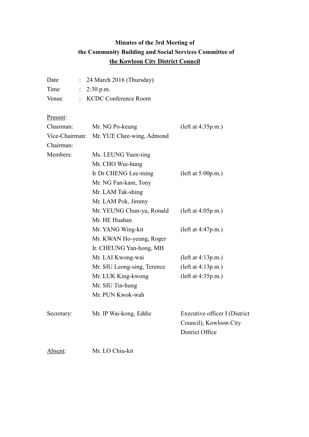 Minutes of the 3Rd Meeting of the Community Building and Social Services Committee of the Kowloon City District Council Date