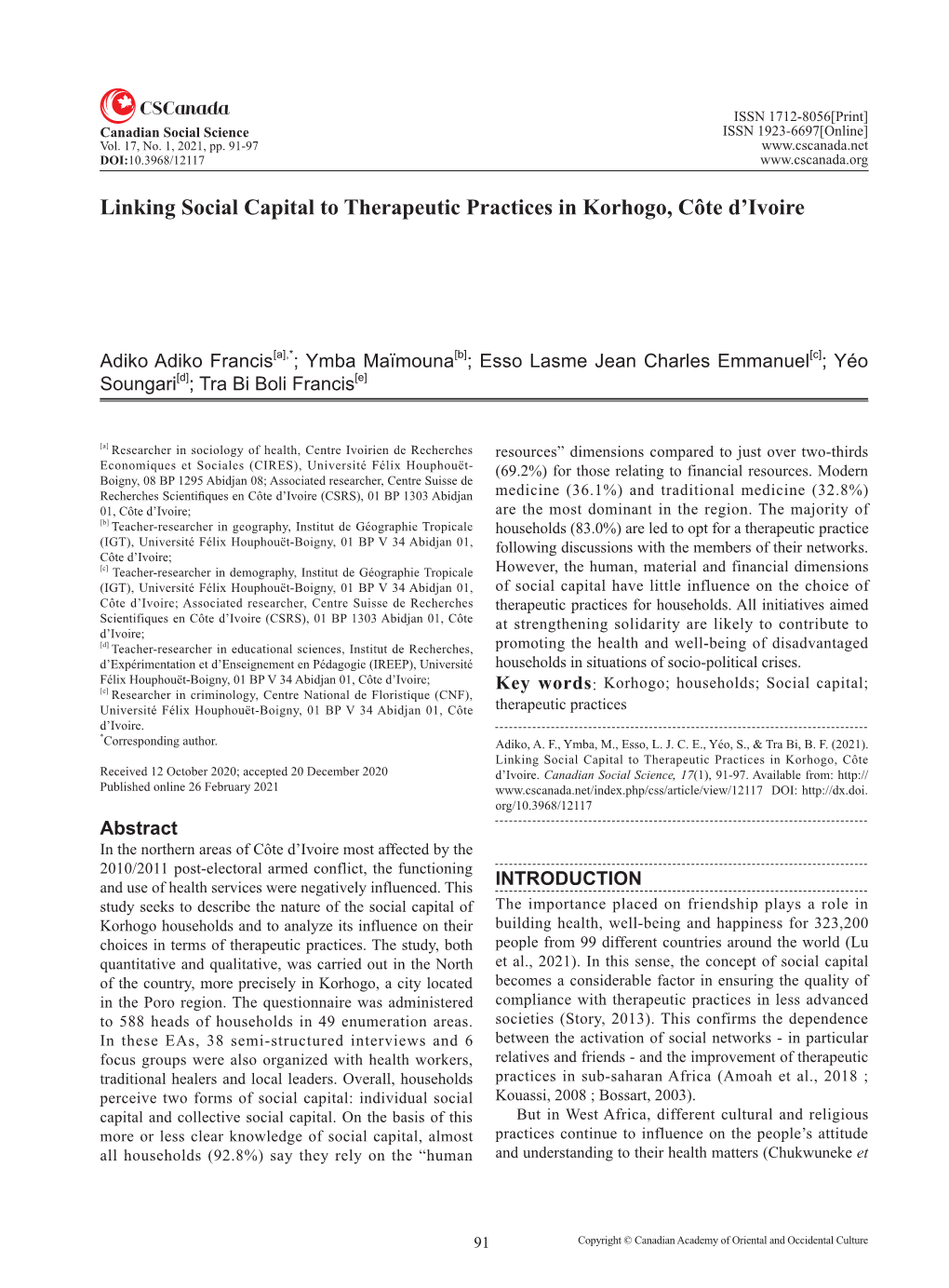 Linking Social Capital to Therapeutic Practices in Korhogo, Côte D'ivoire