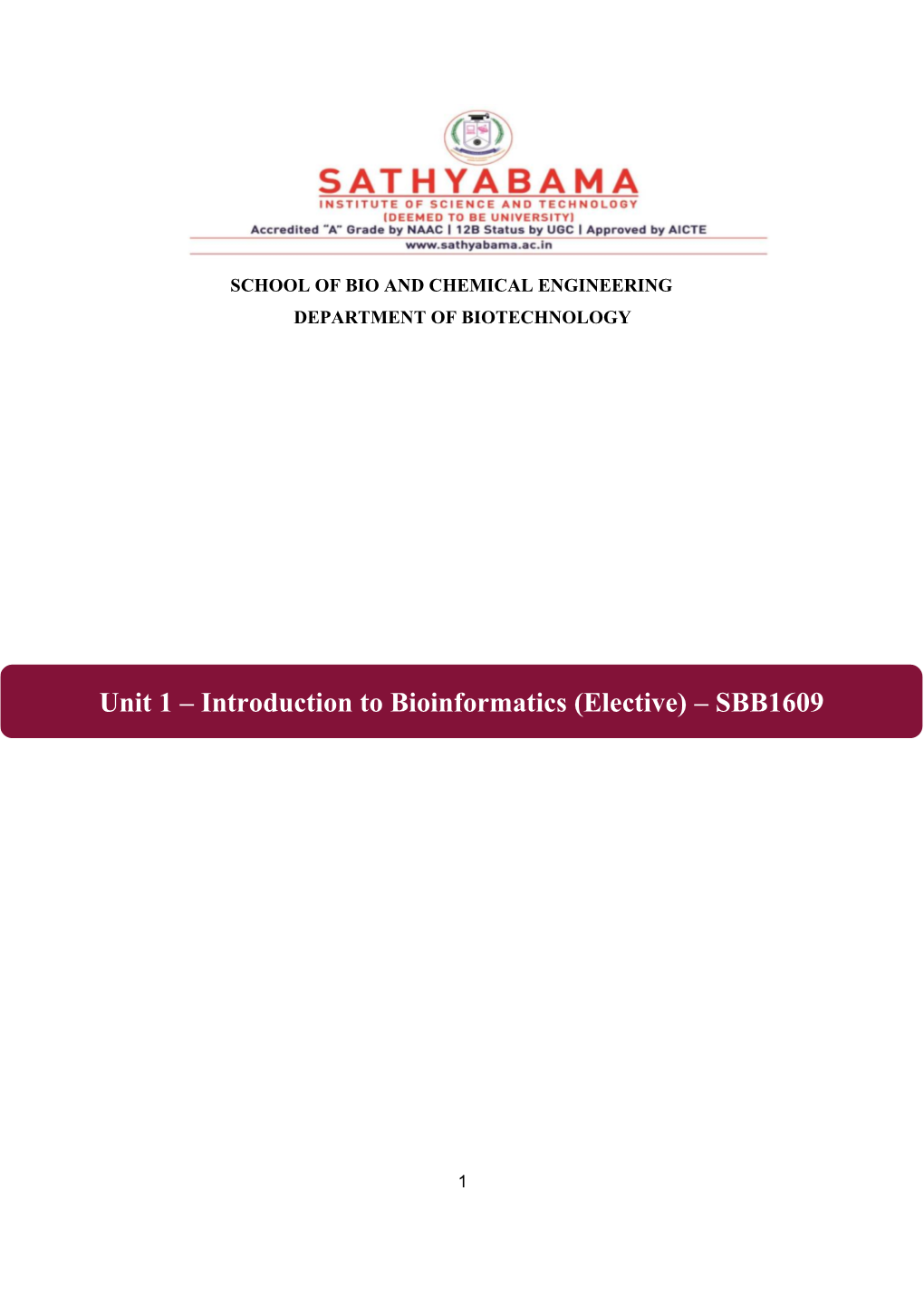 Introduction to Bioinformatics (Elective) – SBB1609