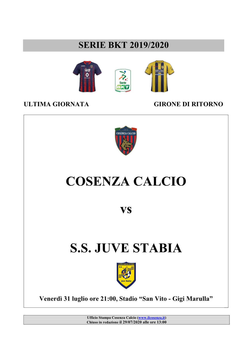 COSENZA CALCIO Vs S.S. JUVE STABIA