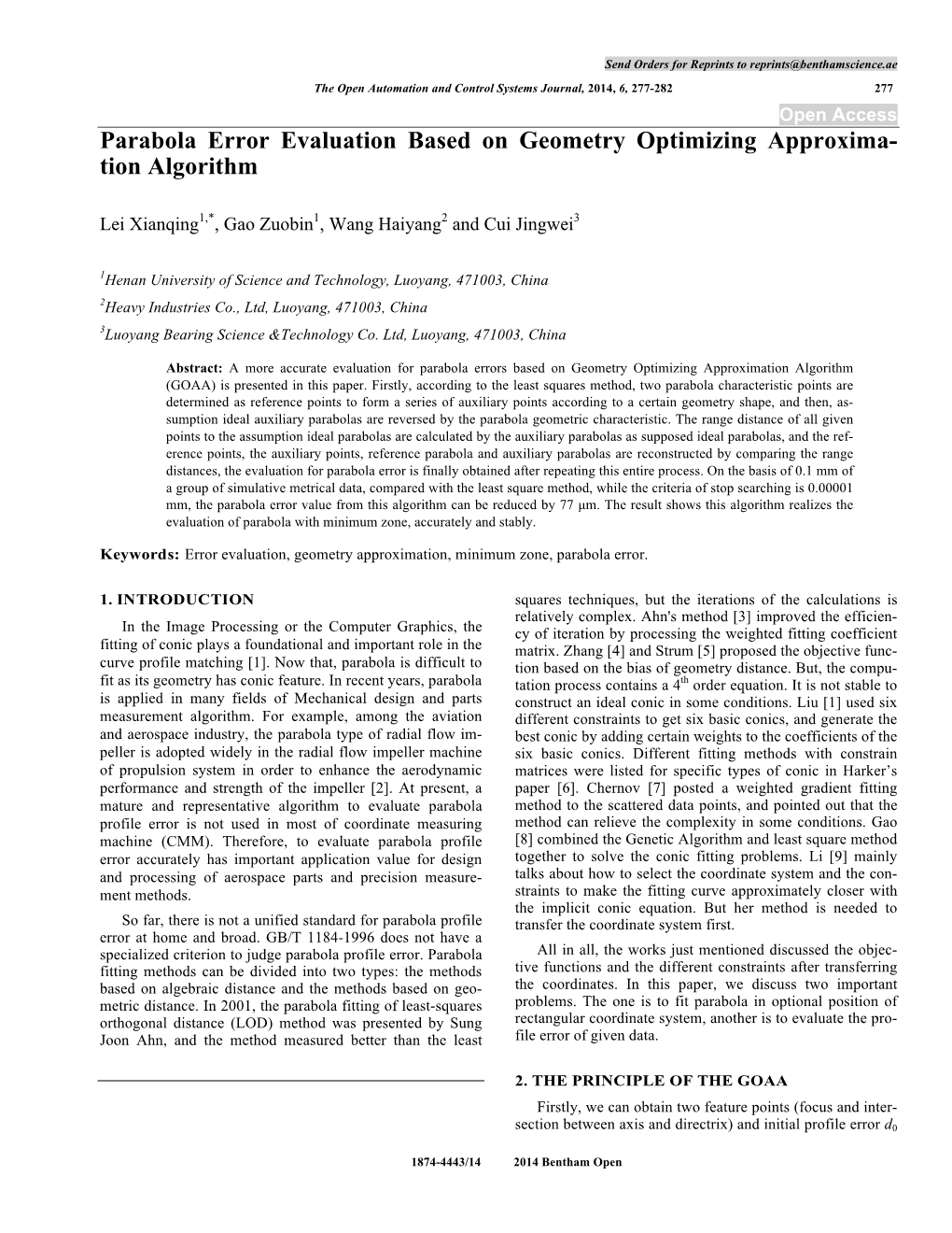 Parabola Error Evaluation Based on Geometry Optimizing Approxima- Tion Algorithm