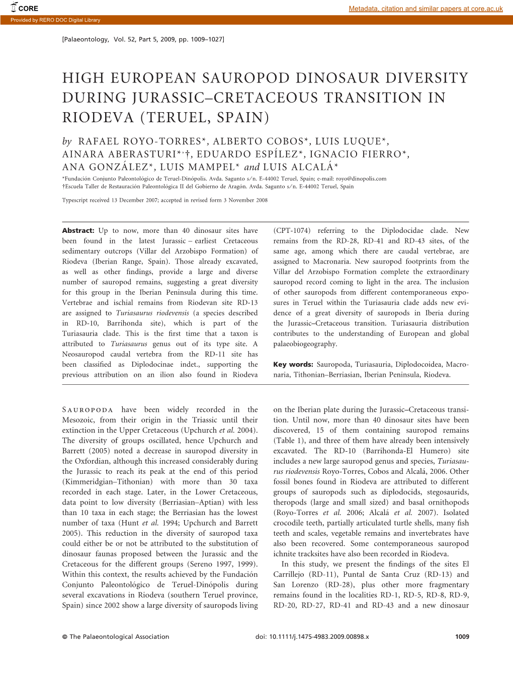 High European Sauropod Dinosaur Diversity During Jurassic–Cretaceous Transition in Riodeva (Teruel, Spain)