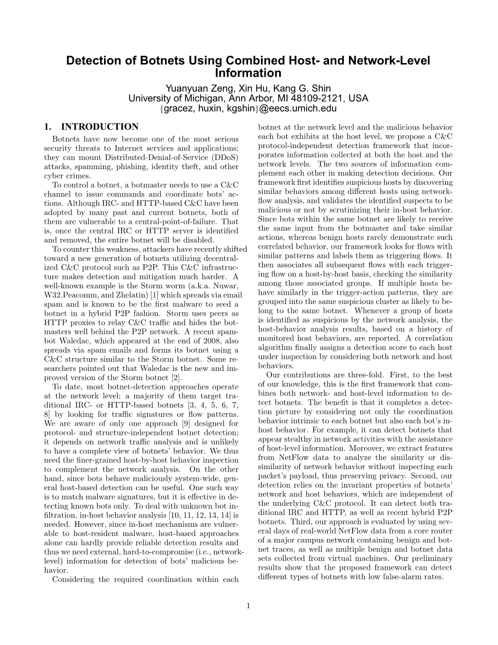 Detection of Botnets Using Combined Host- and Network-Level Information Yuanyuan Zeng, Xin Hu, Kang G