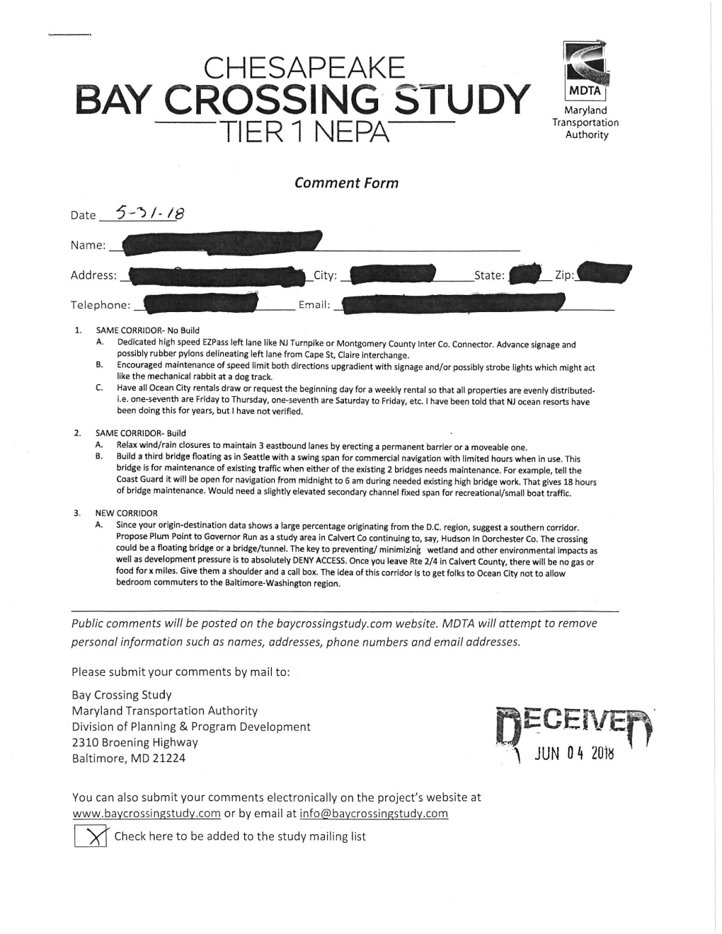 Bay Crossing Study Public Comments 5-1-2018 to 5-31-2018 Letters