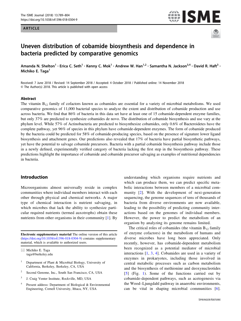 Uneven Distribution of Cobamide Biosynthesis and Dependence in Bacteria Predicted by Comparative Genomics