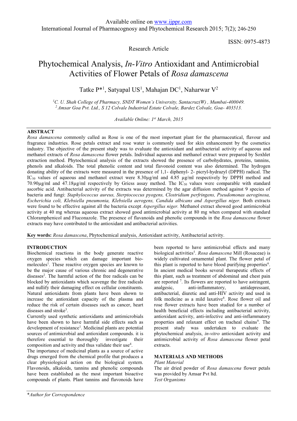 Phytochemical Analysis, In-Vitro Antioxidant and Antimicrobial Activities of Flower Petals of Rosa Damascena