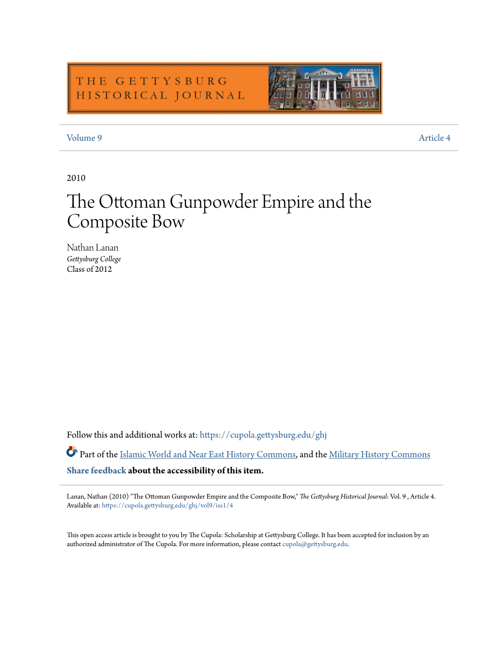 The Ottoman Gunpowder Empire and the Composite Bow Nathan Lanan Gettysburg College Class of 2012