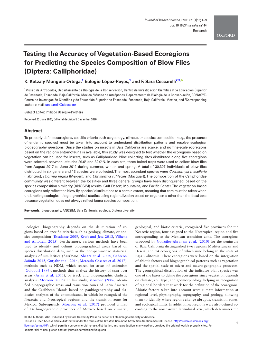 Testing the Accuracy of Vegetation-Based Ecoregions for Predicting the Species Composition of Blow Flies (Diptera: Calliphoridae)