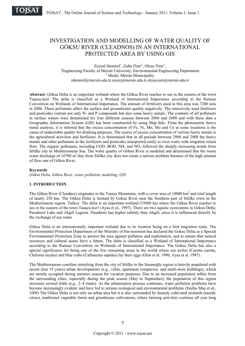 Investigation and Modelling of Water Quality of Göksu River (Cleadnos) in an International Protected Area by Using Gis